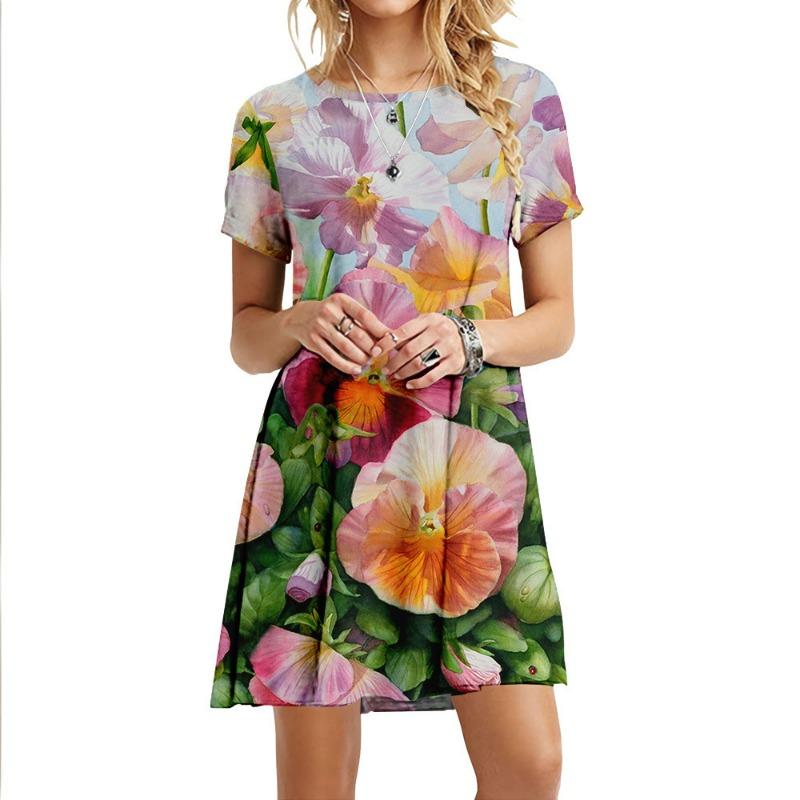 Платья для женщин Новое летнее платье с коротким рукавом и растительным цветочным принтом, свободного кроя, повседневное платье А-силуэта, одежда оверсайз
