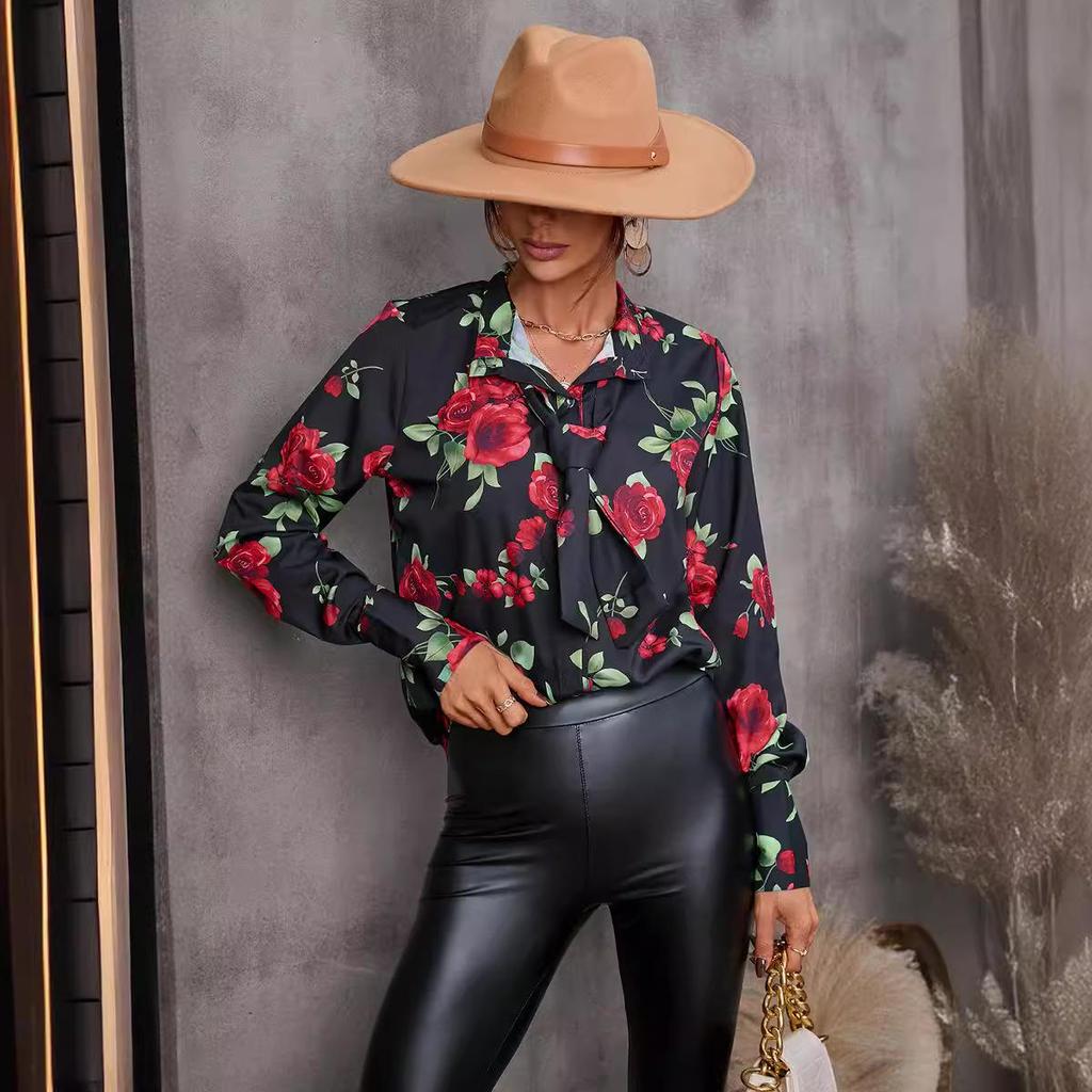 European & American Style Women's Autumn Print Tie Single-Breasted Long-Sleeve Shirt