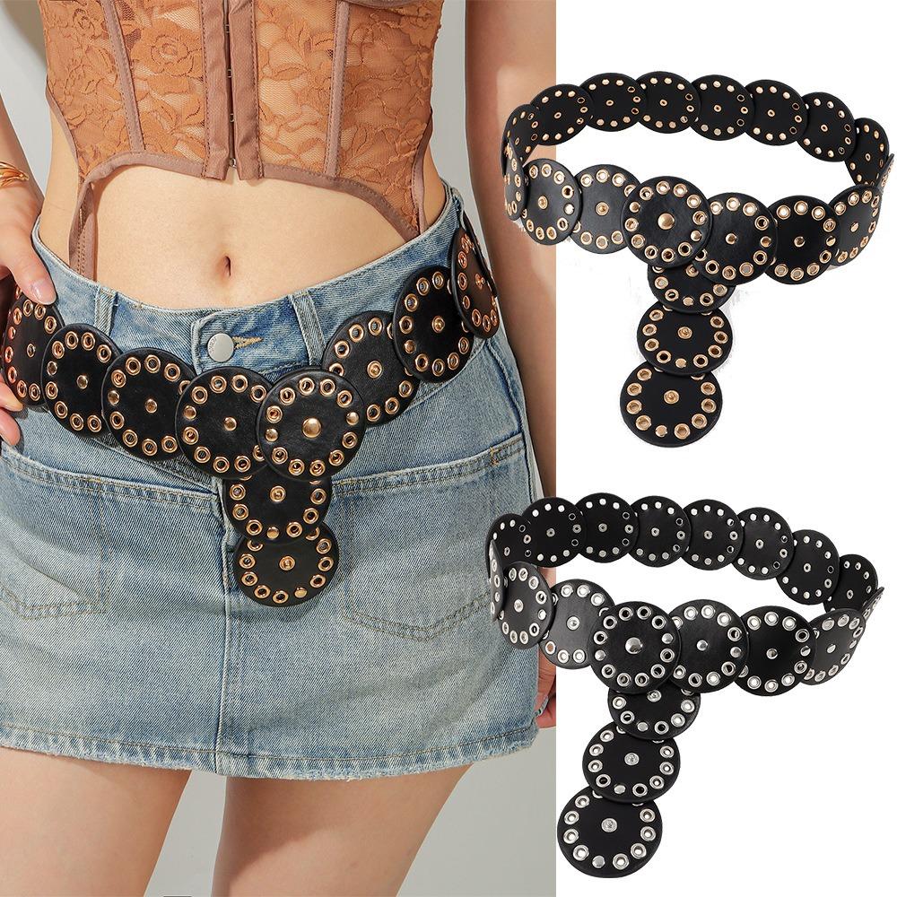Y2k Disc PU Hollow Belt Zinc Zinc Alloy Concho Waistband Vintage Rivet Wide Belt  Women
