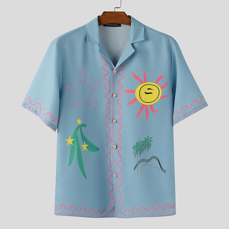 INCERUN S-XXXXXL Мужские рубашки с лацканами, с коротким рукавом, с мультяшным принтом, повседневные, свободного кроя