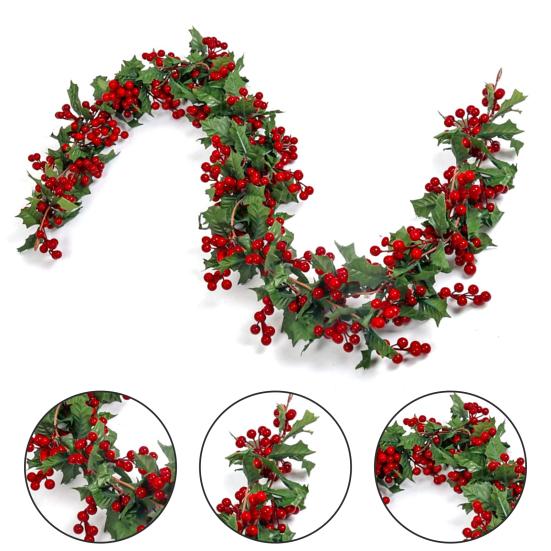 Рождественская искусственная гирлянда из ротанга с зелеными листьями и красными ягодами в помещении и на открытом воздухе, настенная подвеска, рождественские искусственные растения, украшение для праздничной вечеринки, реквизит для фотографий