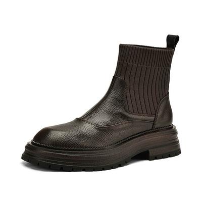 Зимние овчинные ботинки с круглым носком и толстым каблуком, модные женские мотоциклетные ботинки без застежек на вязаной платформе, ботильоны