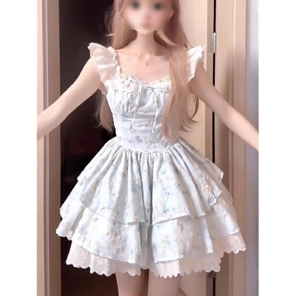 Красивая юбка-пачка принцессы, зауженная талия, милые маленькие рукава-крылышки, нежный цветочный темперамент, короткая юбка с завышенной талией для девочки