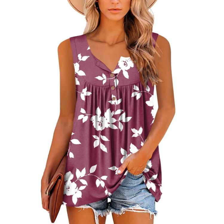 Женский повседневный топ-жилет без рукавов с плиссировкой и пуговицами с цветочным принтом