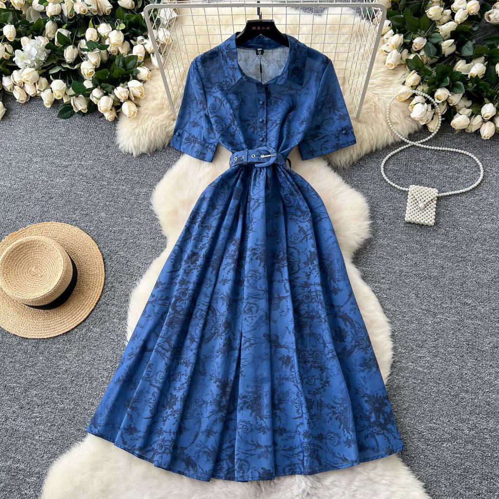 Винтажное платье с принтом, женское платье-рубашка трапециевидной формы с короткими рукавами и лацканами, женские элегантные летние длинные халаты трапециевидной формы, Vestidos