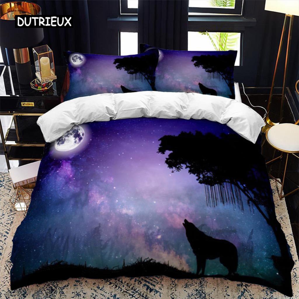 Комплект пододеяльника с силуэтом животного Воющий под луной Тема животного Пододеяльник для детей Мальчиков Микрофибра Кинг Твин Комплект постельного белья