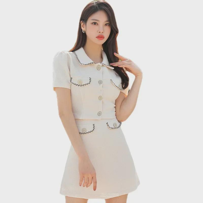 Женский летний костюм-двойка Slim 2023 года: Короткая куртка в корейском стиле и обтягивающая юбка
