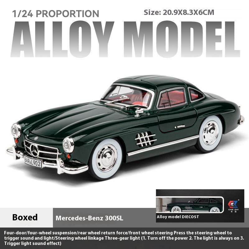 Масштаб 1/24 Классический автомобиль Benz 300SL Металлическая литая модель автомобиля со звуком и светом Коллекционирование Хобби Настольное декоративное украшение Подарок