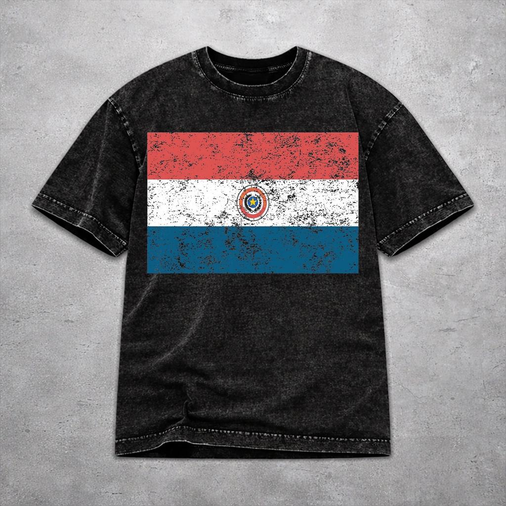 Men Women Vintage Washed T-shirts Paraguay Flag Print Shirt Apparel Oversize Tees
