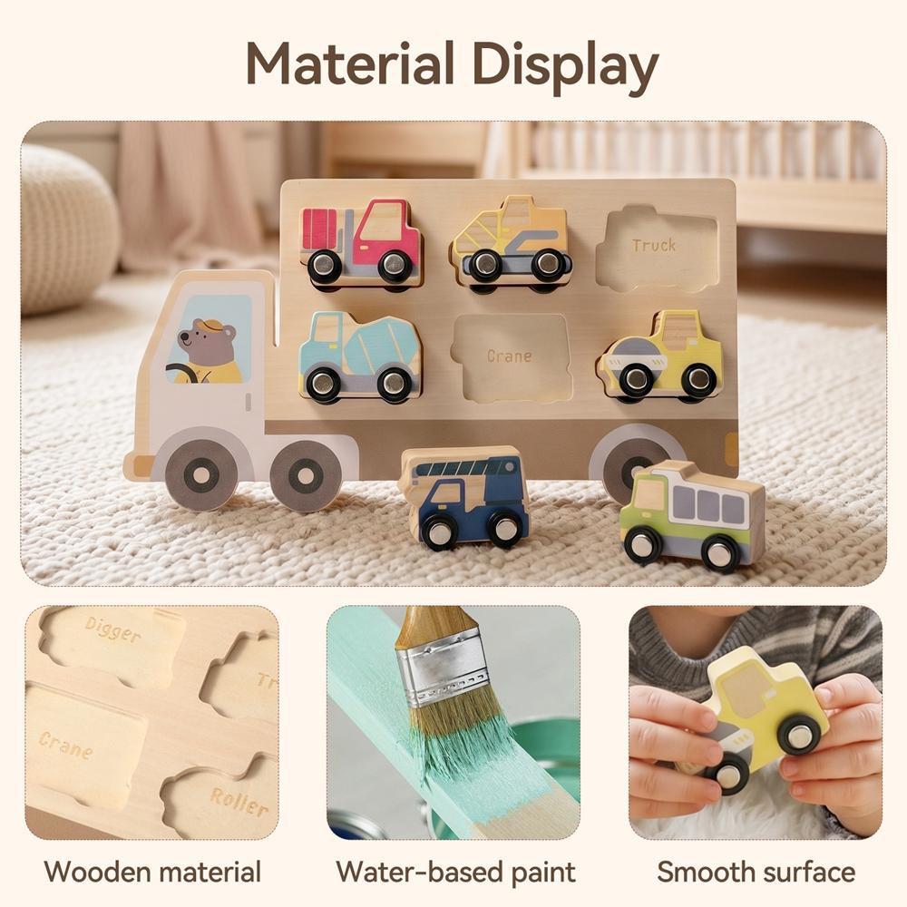 Wooden Construction Truck Toy Set Montessori Shape Matching Puzzle with 6pcs Engineering Vehicles Educational Wooden Car Toys