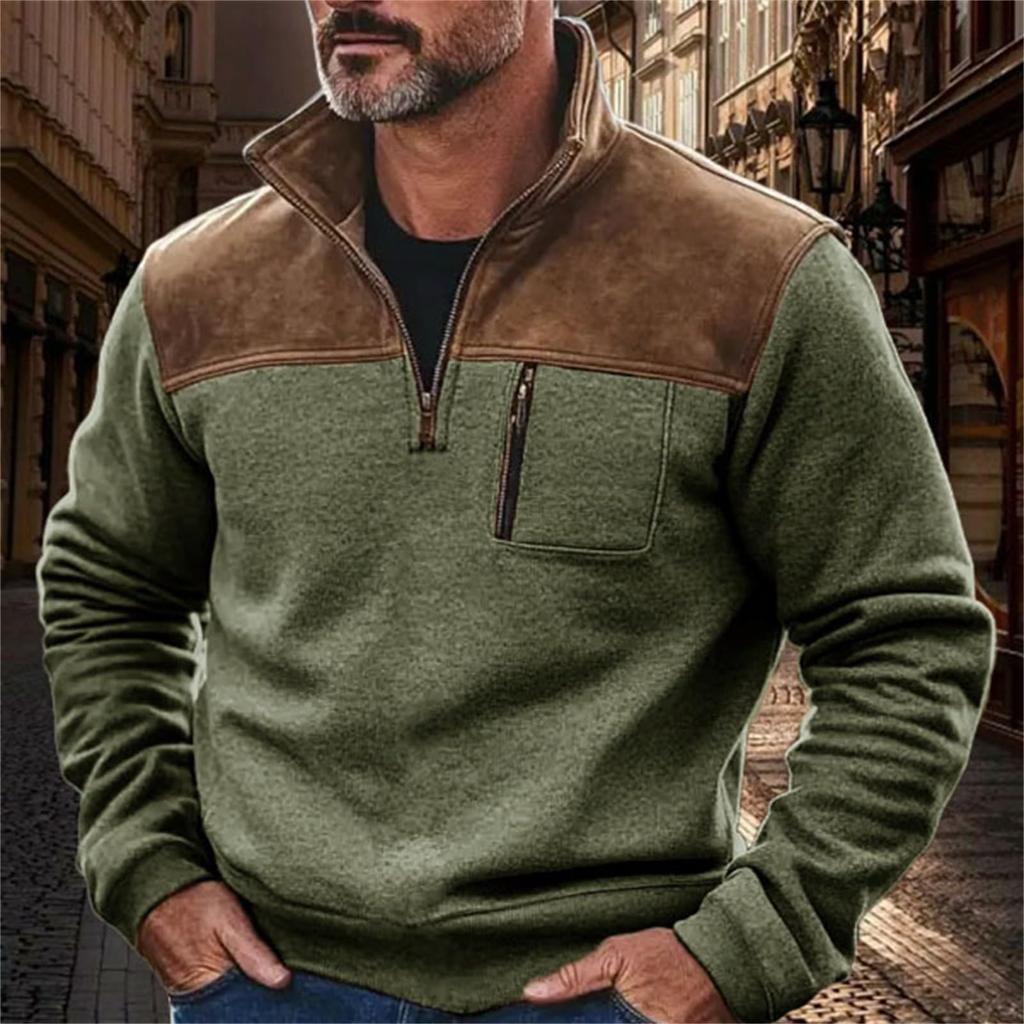 Мужская флисовая толстовка в стиле ретро с карманом, цветной блок, облегающего кроя, с длинным рукавом, пуловер на молнии до середины, модная