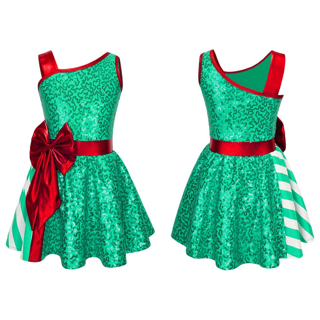 Kids Girls Christmas Elf Costume Shiny Sequined Ballet Dance Ice Skating Performance Leotard Dress