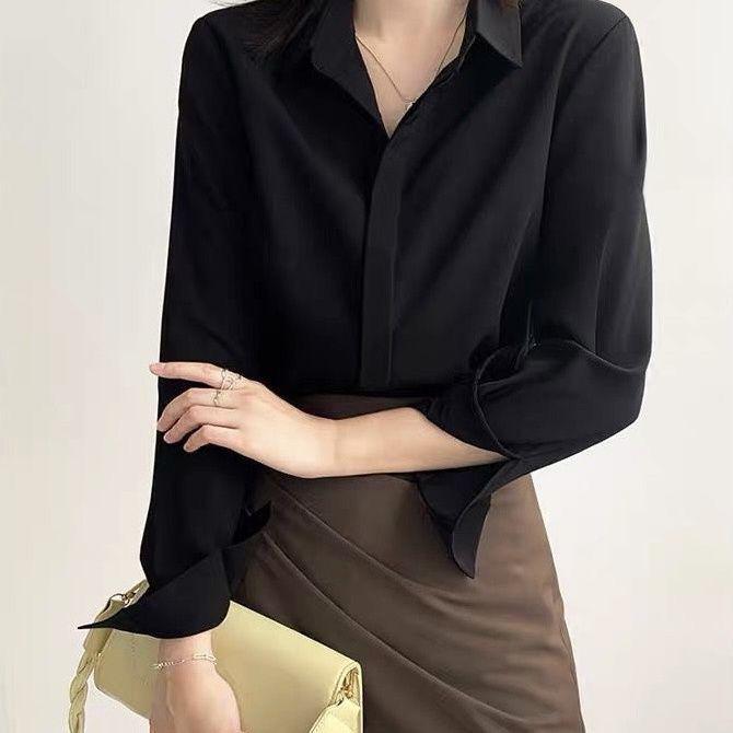 Temperamental Black Chiffon Long Sleeve Blouse - Women's Autumn French Style Professional Top