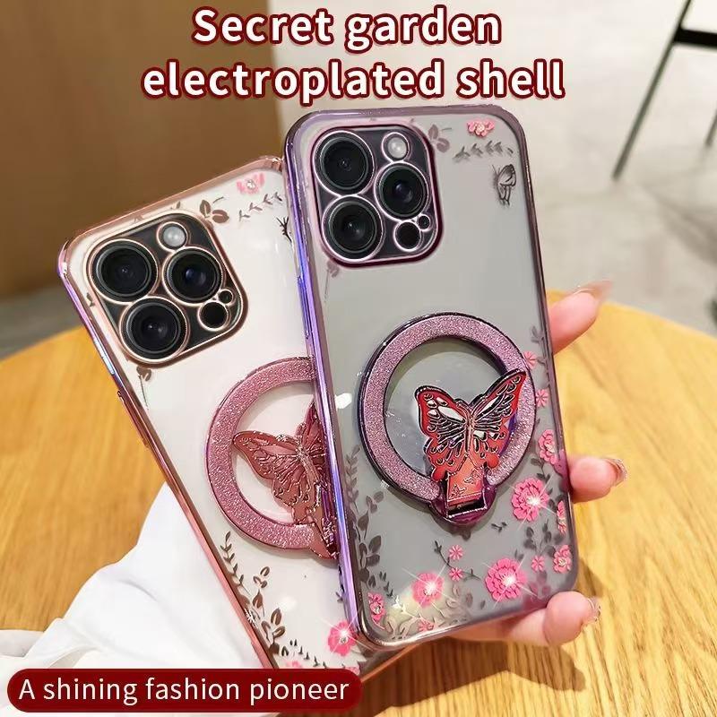 Подходит для Apple 16pro Чехол для мобильного телефона Secret Garden Блестящая подставка-бабочка IPHONE15 Прозрачный защитный чехол I14