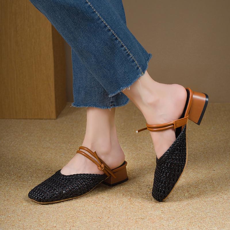 Мягкие Меховые Плетеные Дышащие Сандалии Новые Квадратный Носок Мелкий Вырез Плетеные Баотоу Полушлепанцы для Женской Летней Обуви