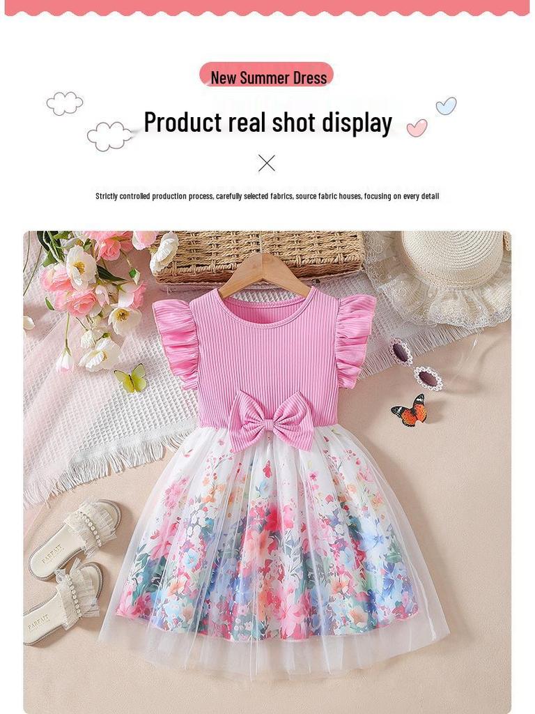 Летнее платье принцессы из сетки с короткими рукавами и бантом на талии для девочек