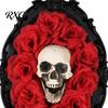 Spider Web Skull Ornament Halloween Gothic Wall Decoration, Vintage Red Rose Frame Sculpture, Decorative Horror Art for Holiday Party Decor