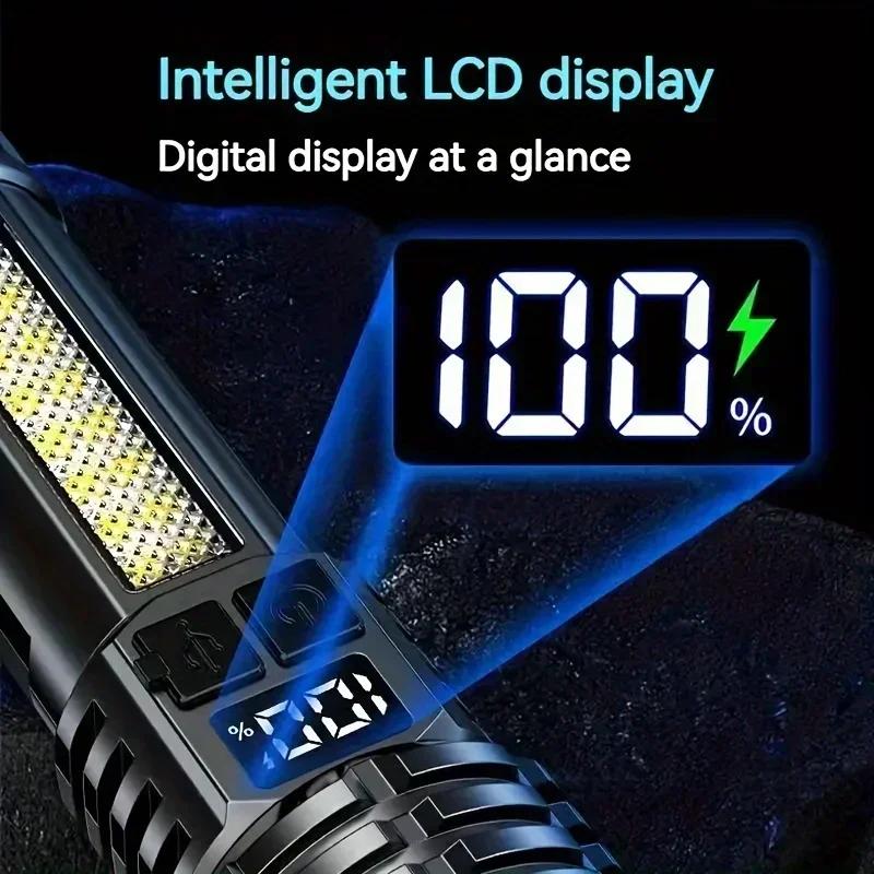 High Power LED Flashlights with Display Screen Portable Rechargeable Zoom Tactical Torch Lamp with Emergency Side Lights Lantern