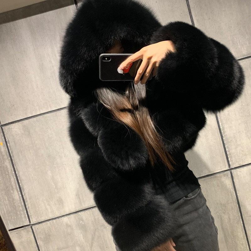Women's Autumn And Winter Short Imitation Fur Coat Long-sleeved Patchwork Jacket Fashion Warm Hooded Jacket