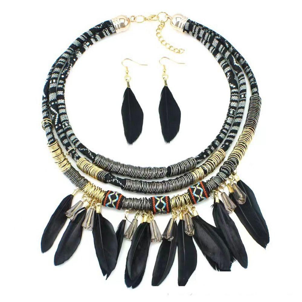 Metal Ethnic Necklace Multilayer Jewelry Sets Exquisite Necklace Earrings Set Women