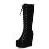 Fashion Knee High Boots Women Platform Sexy Wedge Heels Women's High Boots Lace-up Round Toe Black Dance Shoes For Girls