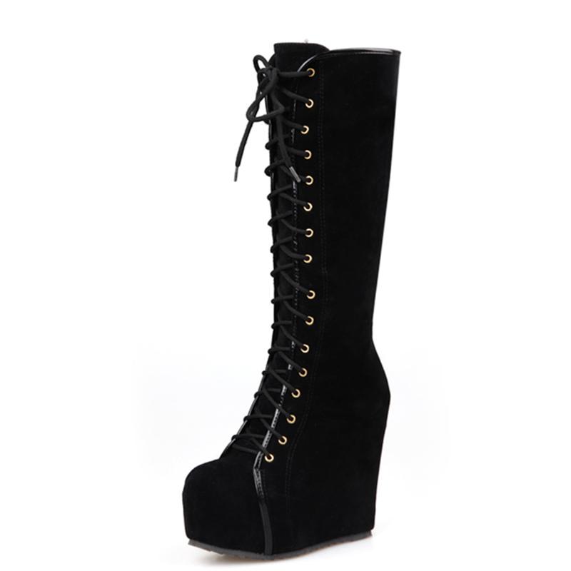 Fashion Knee High Boots Women Platform Sexy Wedge Heels Women's High Boots Lace-up Round Toe Black Dance Shoes For Girls