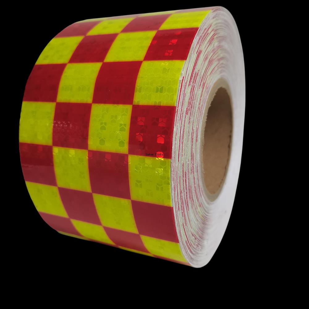 10cm*5m Reflective Tape Waterproof Grid Fluorescent Yellow-Red Strong Adhesive Hazard Caution Safety Warning Reflectors Stickers