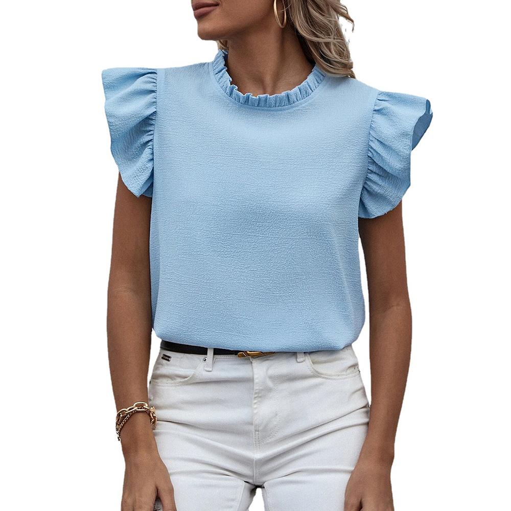 Spring Summer Ruffle Tank Top Sweet Round Neck Solid Color Women's Shirt Blouses