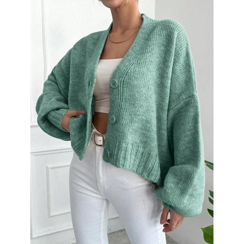 Knitted Cardigan Women's Autumn and Winter New Item Casual Loose V-neck Lantern Sleeves Knitted Sweater Women