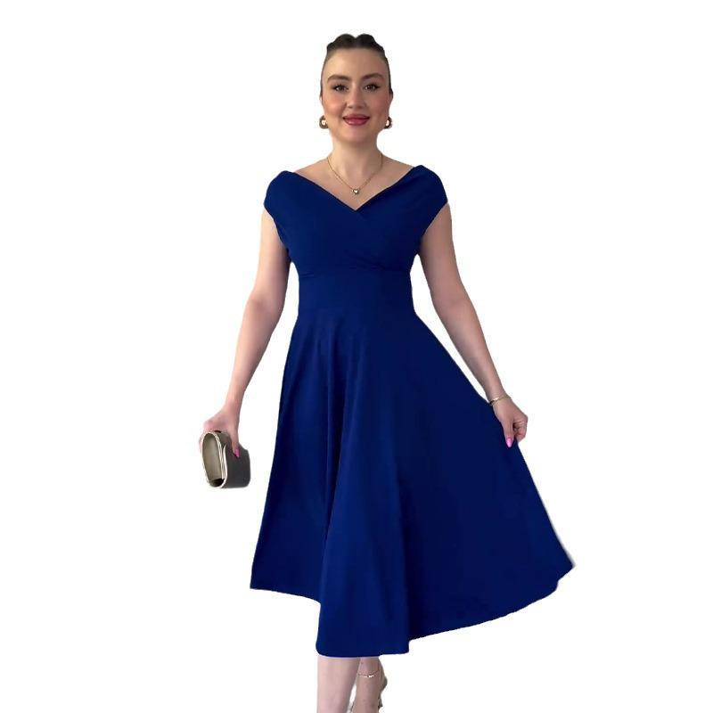 2024 Европейское и американское платье в стиле Хепберн однотонное с V-образным вырезом и приталенное
