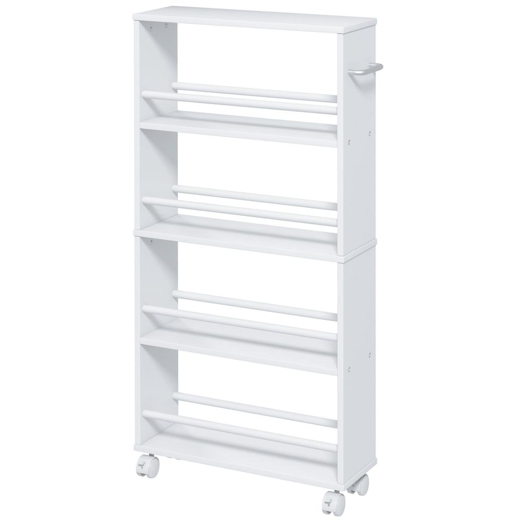 Multifunctional Shelf with Casters, Narrow Design, 4 Compartments, 45x15x91 cm, White