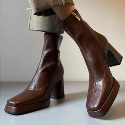 Ботильоны на блочном каблуке Женские Осень Зима Новые Ретро Платформа Увеличенные Универсальные Квадратный носок Задняя молния