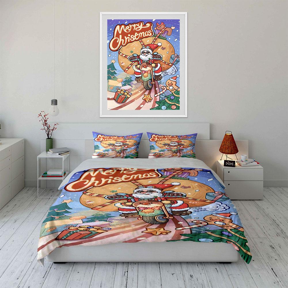 Christmas Santa Riding Reindeer Bedding Duvet Cover Set Duvet Cover Pillowcases (1*Duvet Cover 2*Pillowcases, without duvet insert)