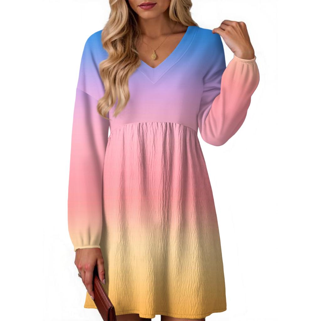 Women's Fashion Gradient V-Neck Long Sleeve Dress