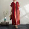 Summer Thin Cotton Linen Print V-neck Loose Oversized Simple Casual Vacation Style Medium Long Dress for Women Dresses