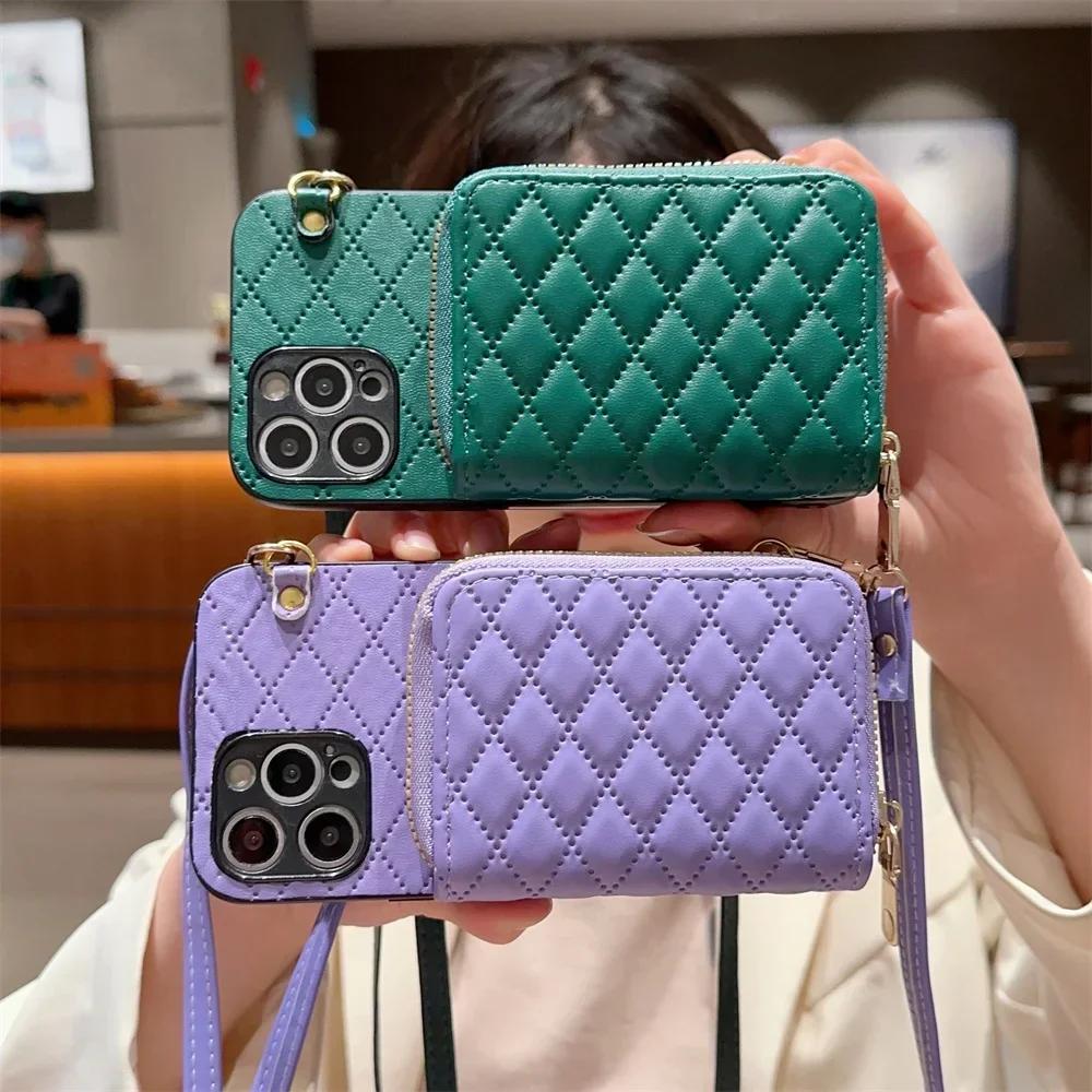 Чехол-кошелек на молнии для iPhone 16 15 14 13 12 11 Pro XS Max X XR 7 8 Plus с отделением для карт и кожаным шнурком