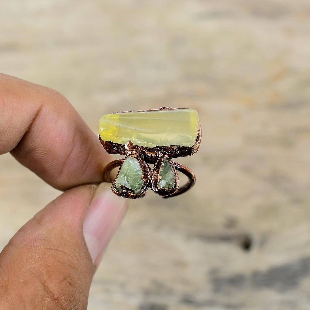 Кольцо с цитрином, гальванопластическое медное кольцо, регулируемое кольцо, кольцо с зеленым турмалином, уникальное кольцо ручной работы, ювелирные изделия из гальванопластических драгоценных камней