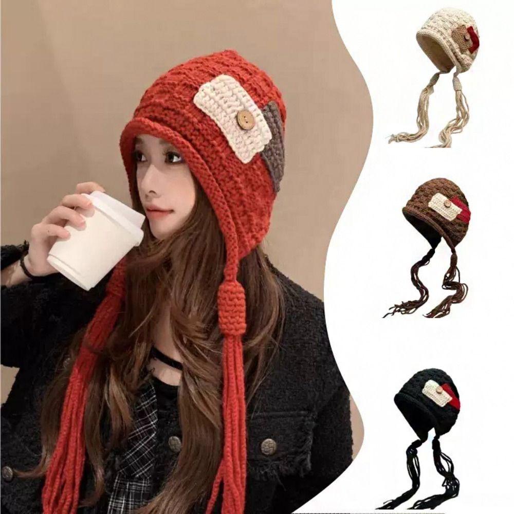 Long Tassels Knit Beanies Wool Ear Protection Hat Retro Crochet Knitted Hat Winter