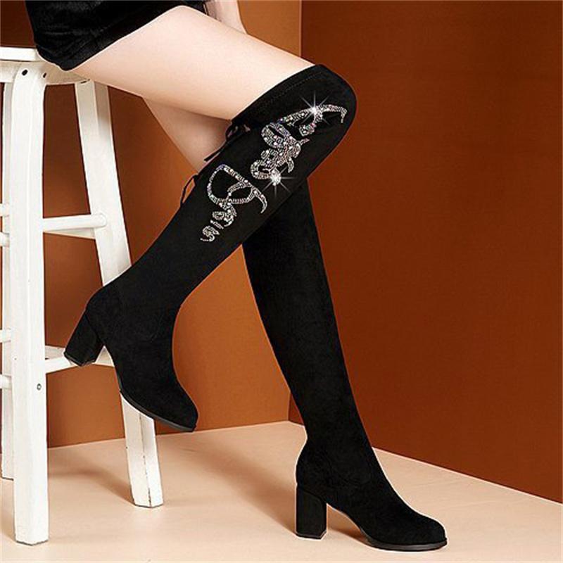 Большие повседневные сапоги до колена, осенне-зимние, на шнуровке, со стразами, на толстом каблуке, бархатные, эластичные, длинные сапоги 35-40