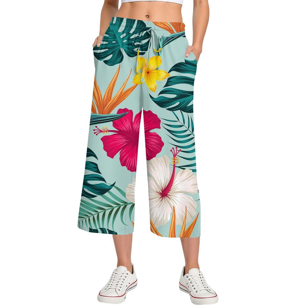 Женские летние повседневные спортивные брюки с высокой талией и принтом, укороченные брюки свободного покроя