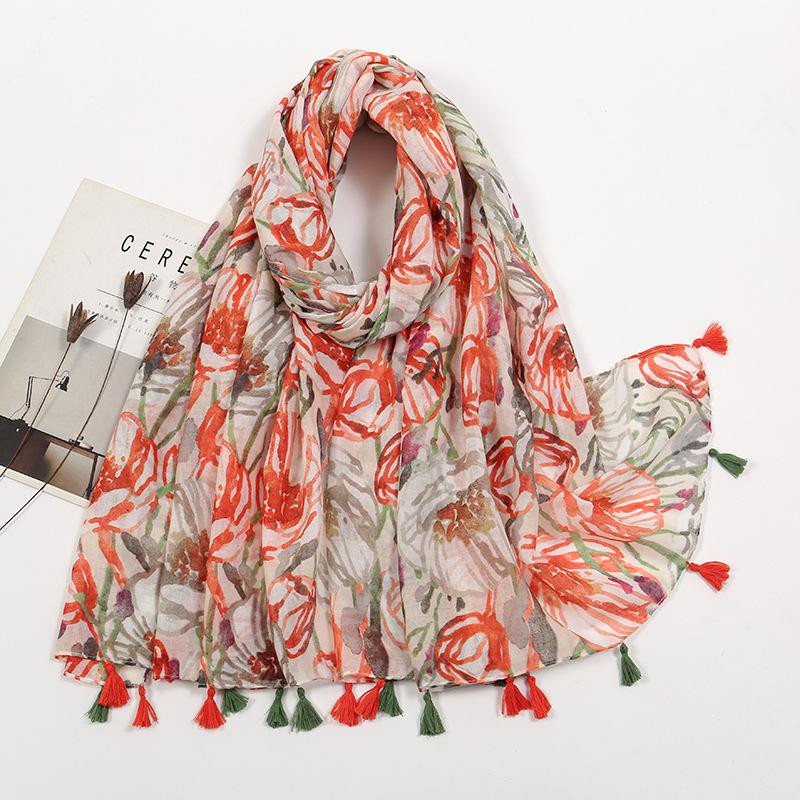 Fresh and Elegant Red Petal Mixed Printed Tassel Scarf for Women Cotton and Linen Scarf for Travel Decorative Shawl