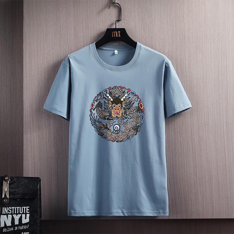 Мужская летняя свободная хлопковая рубашка с короткими рукавами и круглым вырезом 