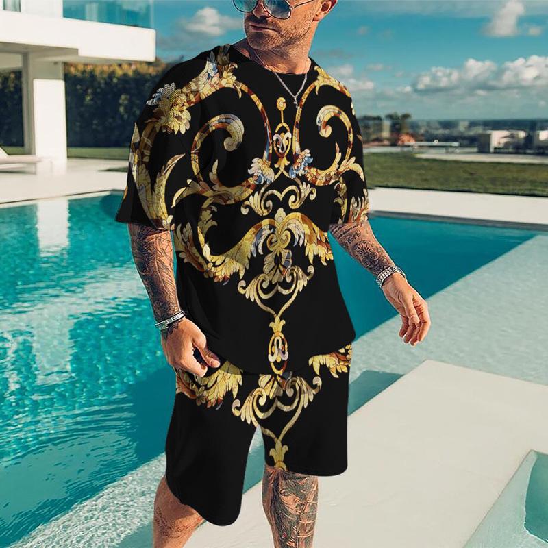 Летний быстросохнущий мужской спортивный комплект, состоящий из 2 предметов с 3D-печатью, золотой линией, черный комплект, мужская футболка в европейском роскошном стиле + пляжные брюки