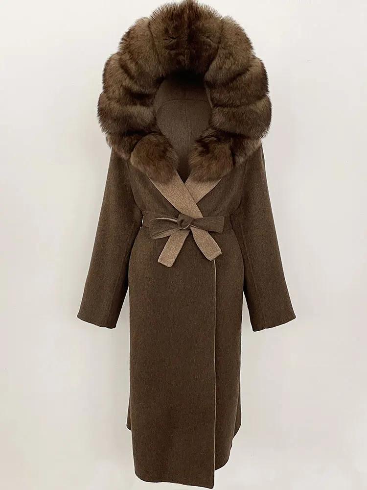 OFTBUY Зимнее женское пальто из натурального лисьего меха с капюшоном и съемным воротником Двусторонняя шерстяная куртка Длинная повседневная элегантная верхняя одежда