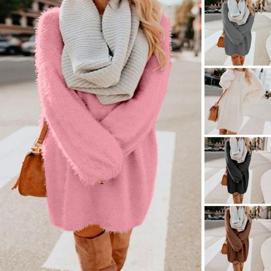 Women's Furry Pullover Sweater Dress Fuzzy Slouchy Oversized Long Tops Loose Crew Neck Fall Short Mini Dress