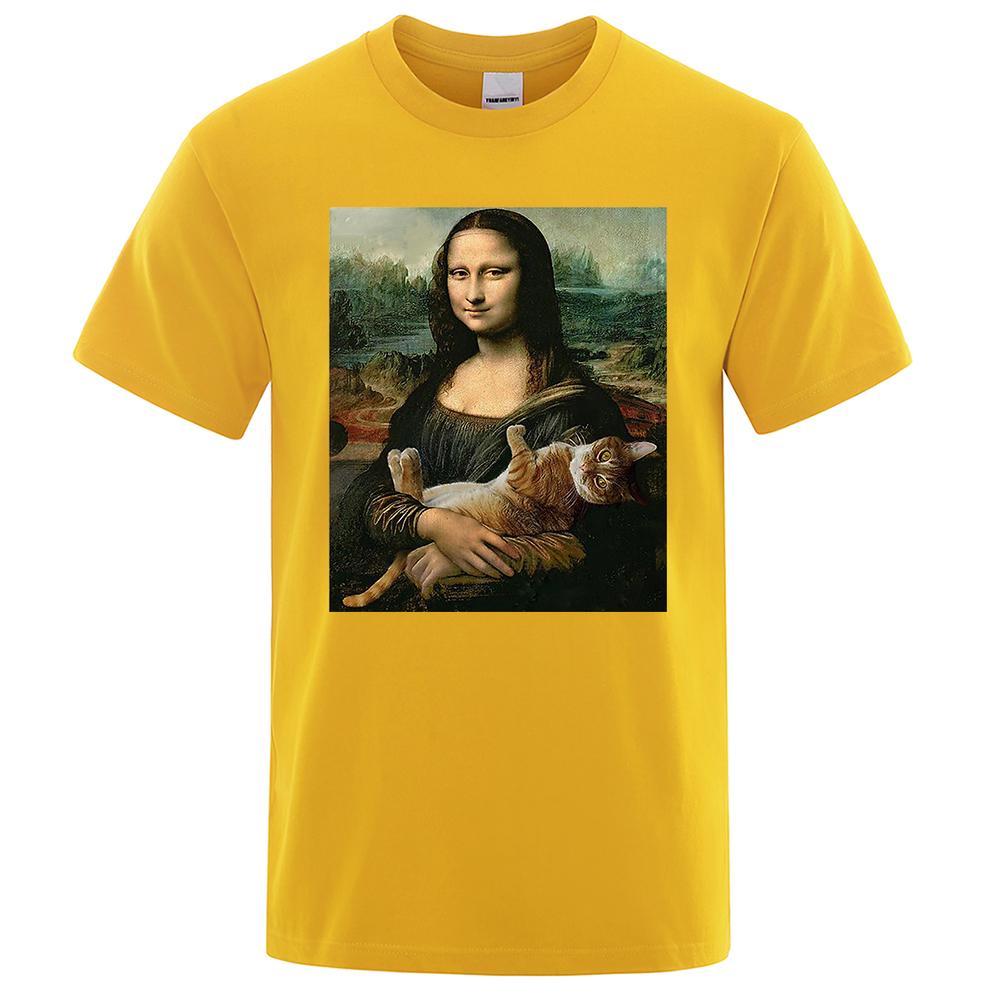 Смешная футболка с принтом Моны Лизы и кошки для мужчин, летняя хлопковая футболка, свободная дышащая одежда, короткая