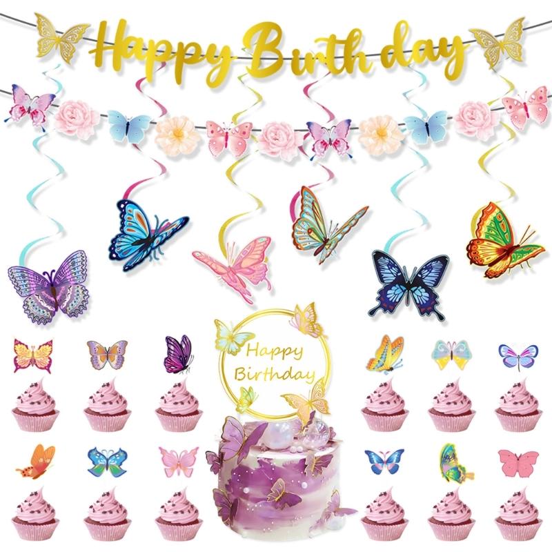 Butterfly Cake Toppers Set Party Supplies Hanging Swirls Colorful Banners Paper Texture for Creative Butterfly Dessert