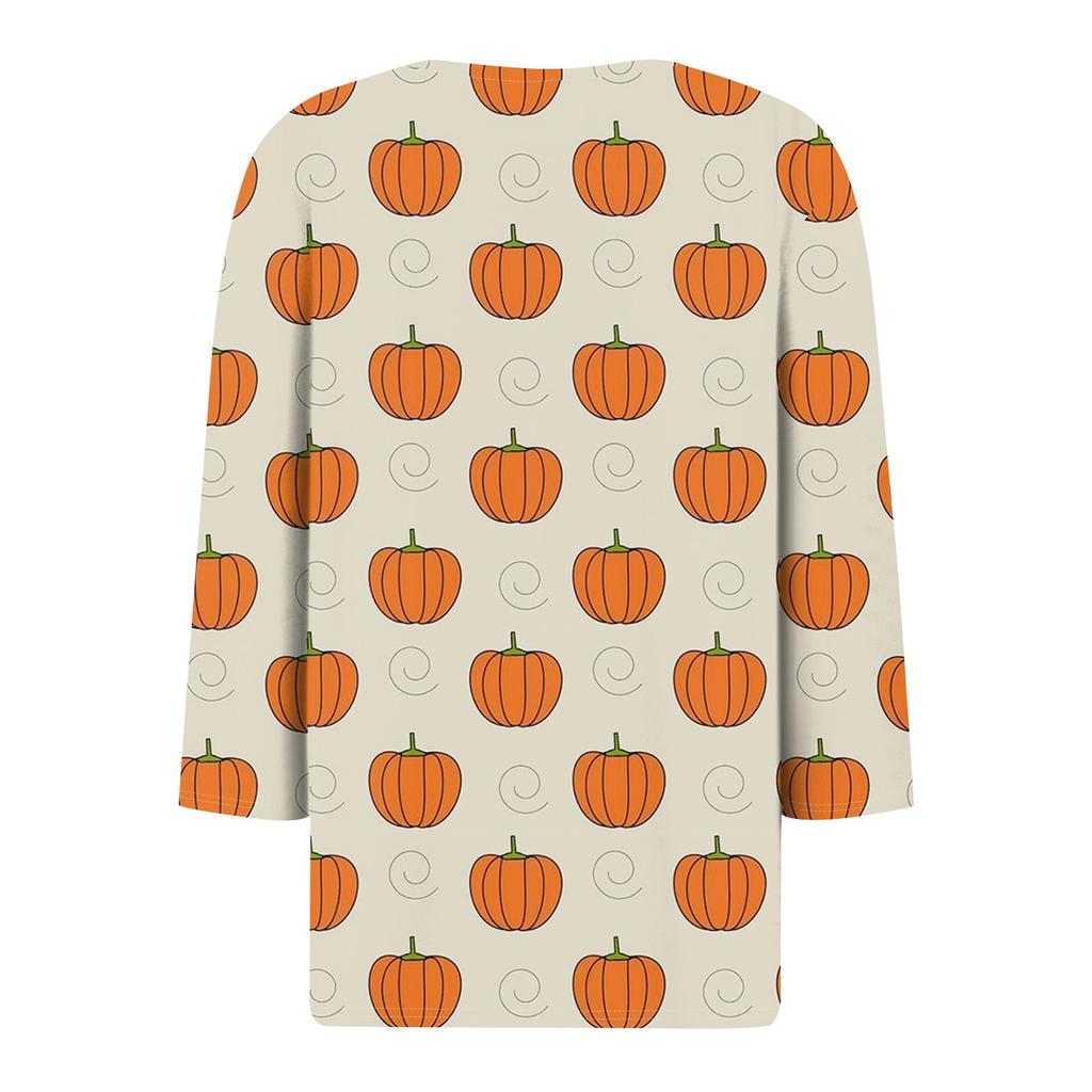 3/4 Length Sleeve Womens Tops Floral Halloween Print Vintage Fashion Casual Loose With V Neck Plus Size Shirts