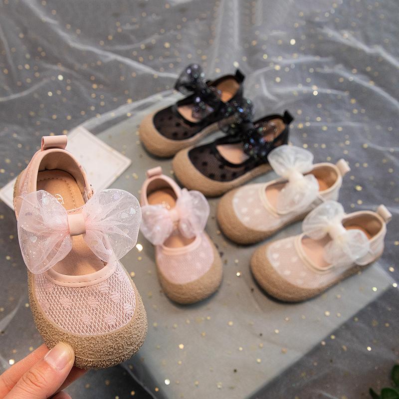 Girls' Mesh Children's Fashion Versatile Breathable Mary Jane Mesh Bow 2024 Summer and Spring New Kids Princess Shallow Flats