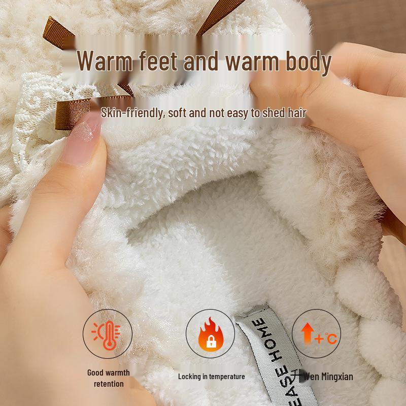 Женские зимние теплые пушистые хлопковые тапочки с бантиком - Нескользящие послеродовые домашние